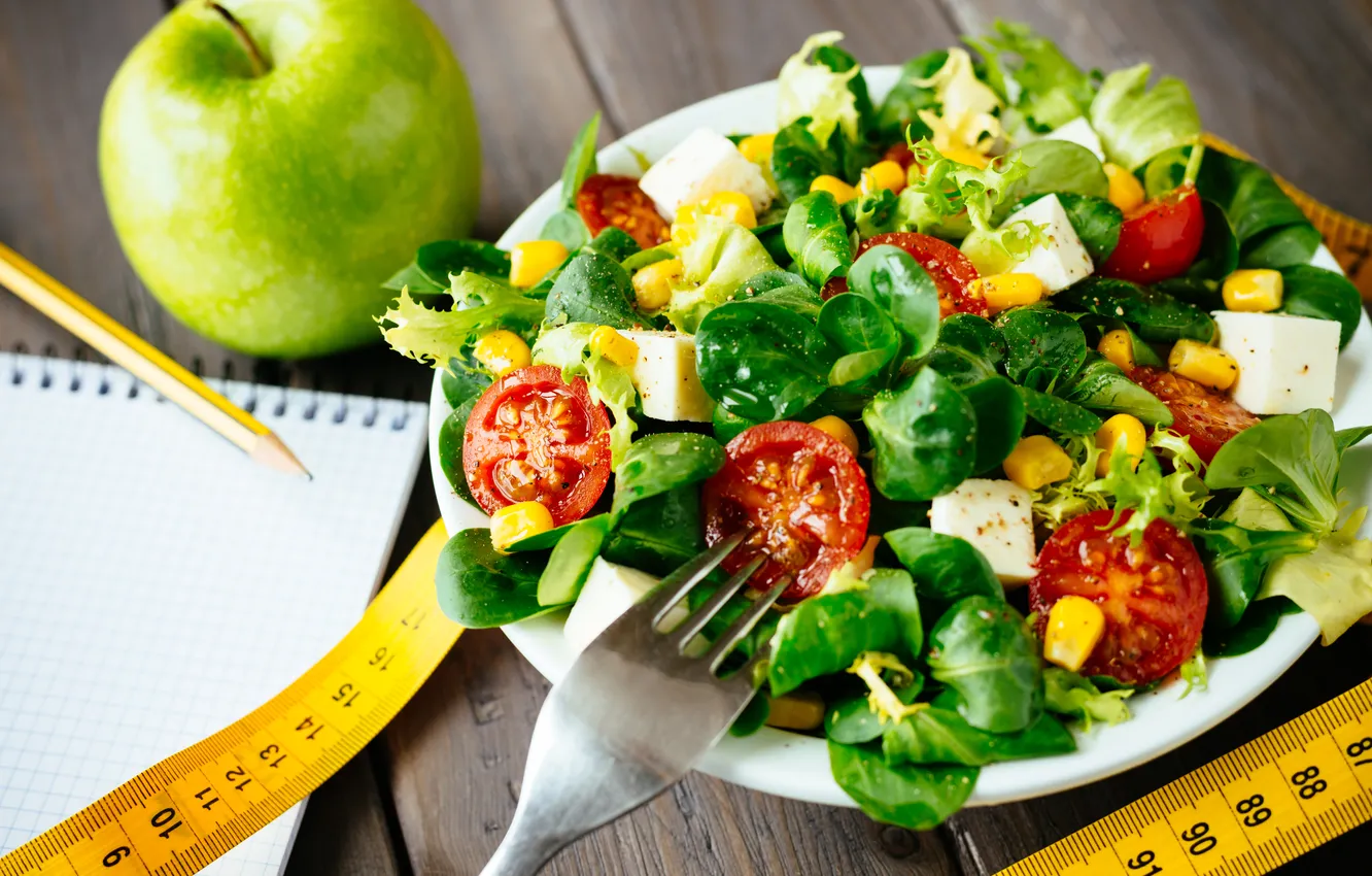 Photo wallpaper greens, pencils, Notepad, plug, salad, centimeter