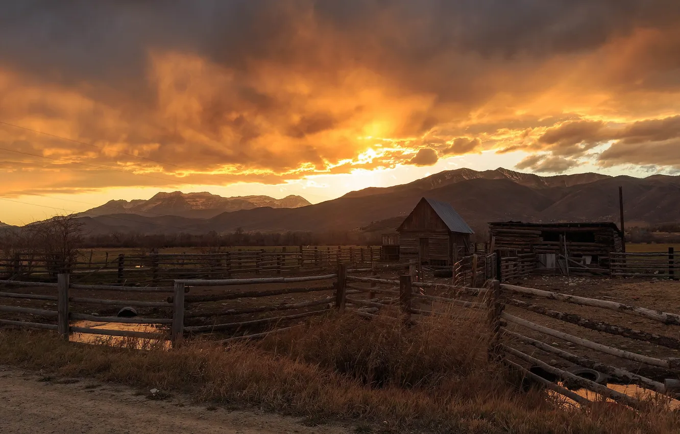 Photo wallpaper sunset, mountains, farm