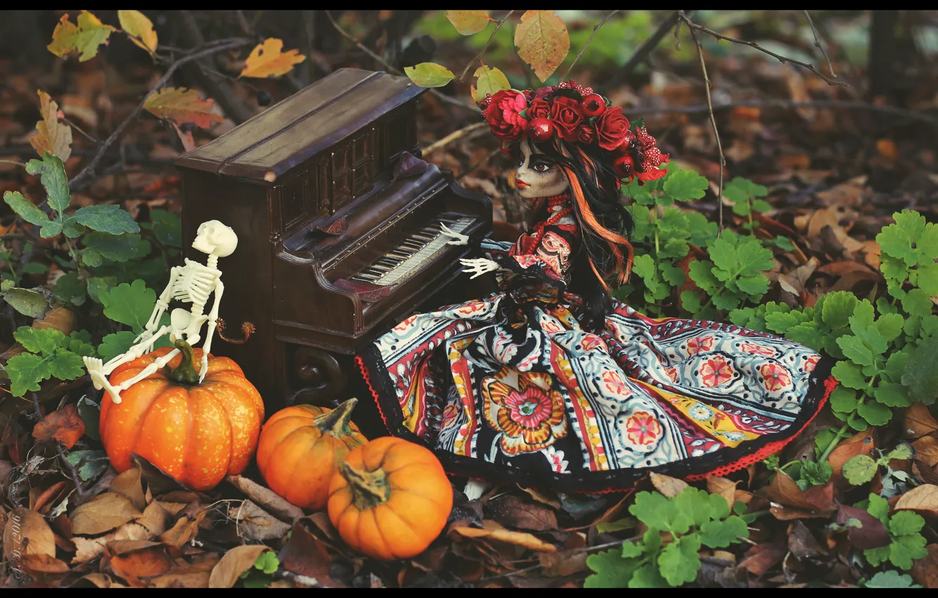 Photo wallpaper autumn, doll, skeleton, pumpkin, Halloween, by AmeliaMadHatter