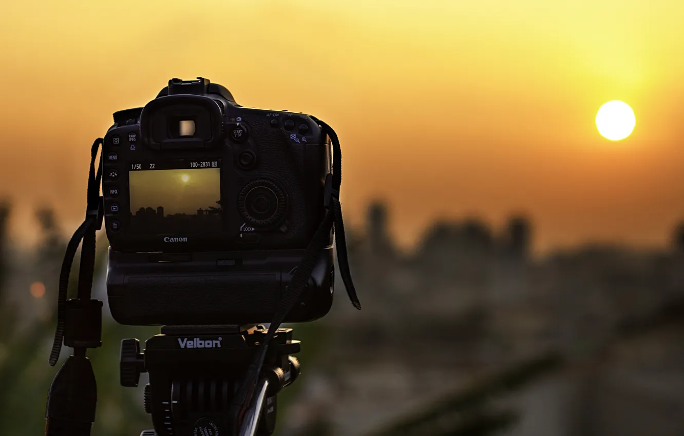 Photo wallpaper the sun, sunset, the camera, display, Canon