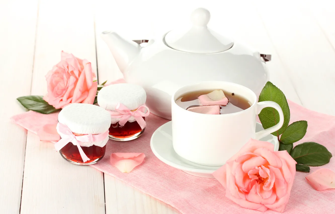 Photo wallpaper white, leaves, flowers, tea, roses, petals, kettle, jars