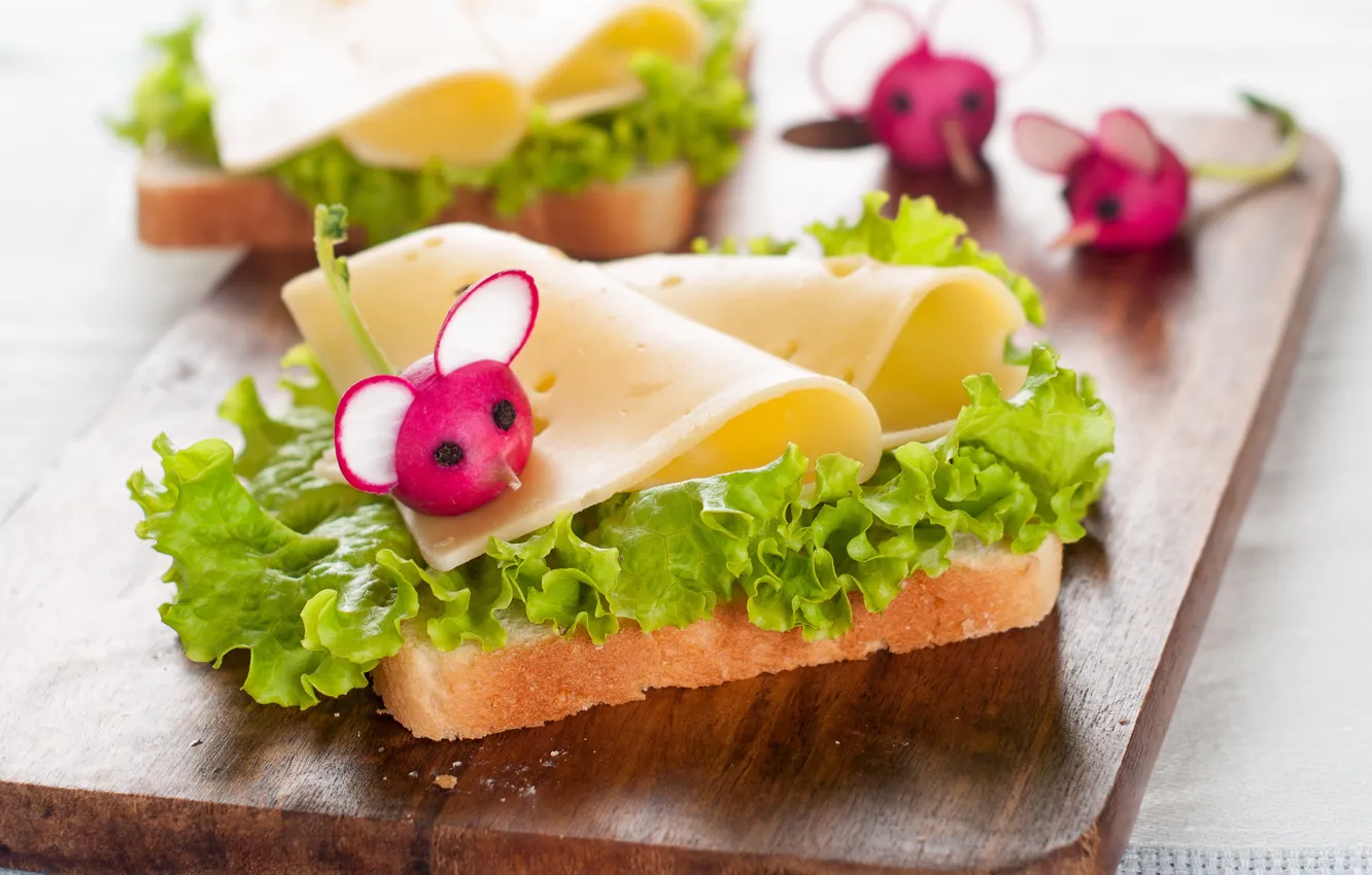 Photo wallpaper leaves, cheese, bread, sandwich, vegetables, decor, salad, bread