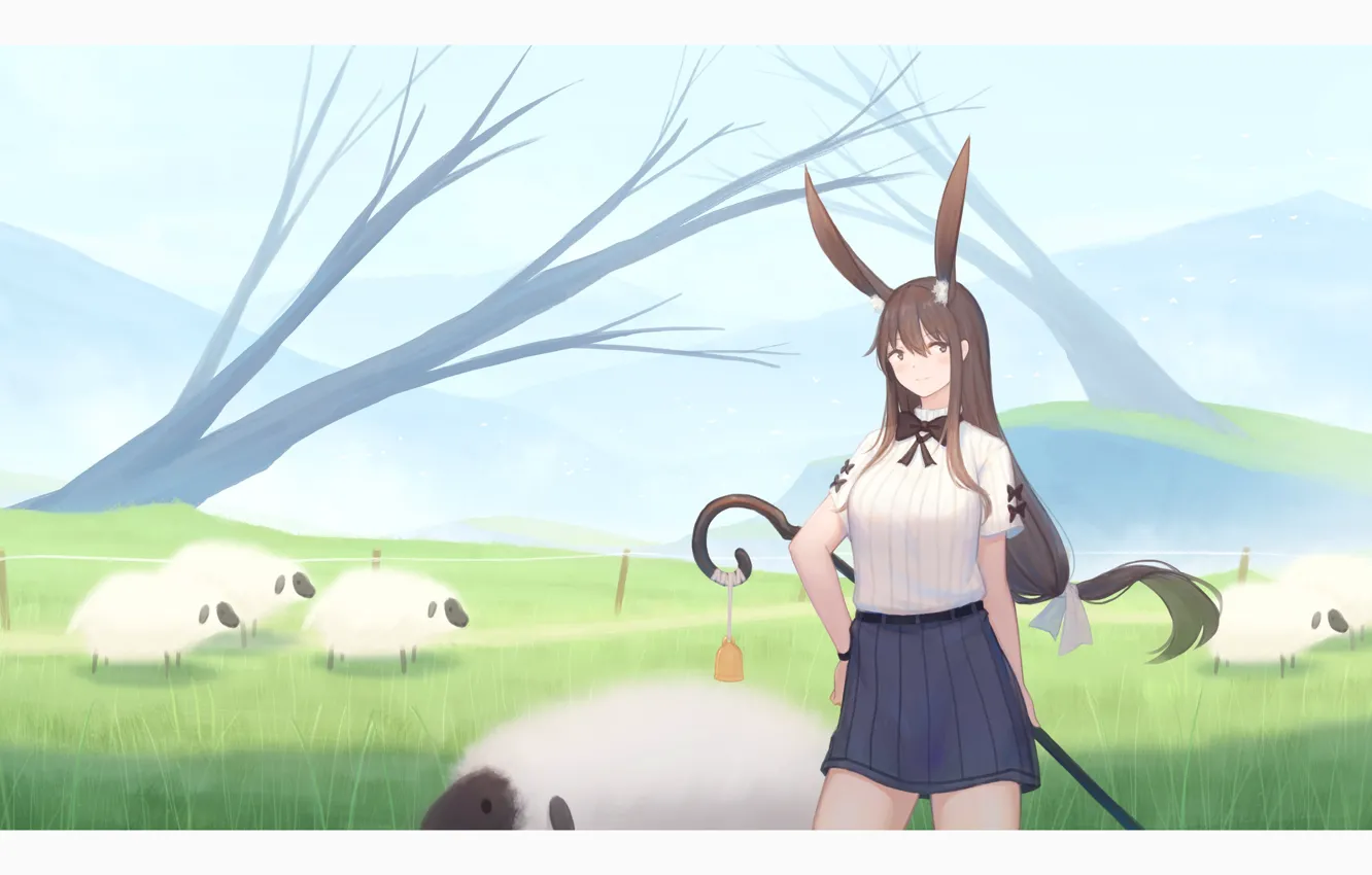 Photo wallpaper girl, nature, sheep, ears