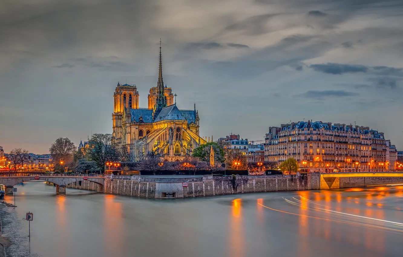 Photo wallpaper the sky, clouds, trees, lights, river, France, Paris, HDR