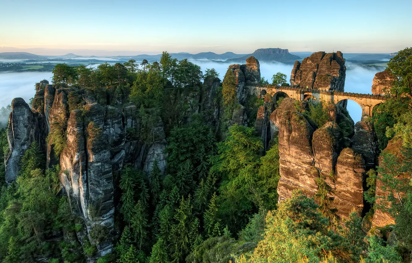 Photo wallpaper trees, mountains, bridge, fog, dawn, Germany, ate, horizon