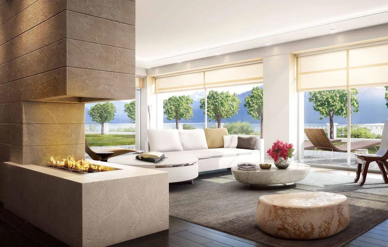 Photo wallpaper Villa, Windows, interior, fireplace, living room