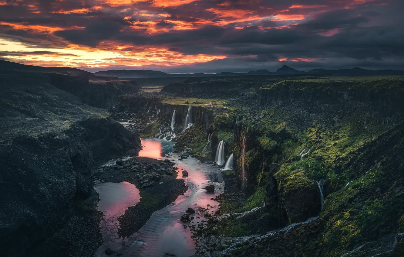 Photo wallpaper the sky, river, rocks, view, waterfalls, Iceland, the view from the top