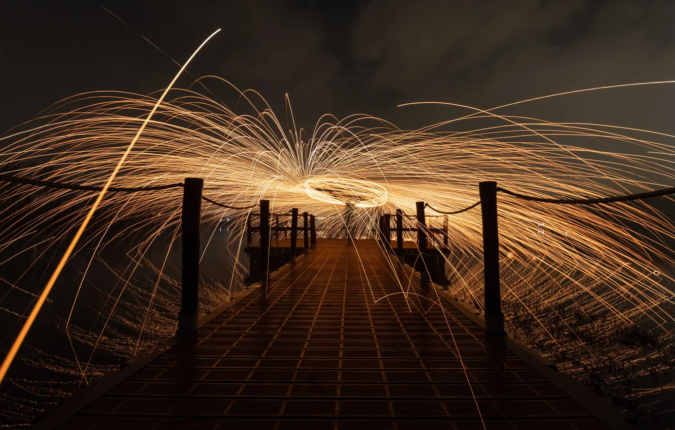 Photo wallpaper water, reflection, night, lights, lights, glow, pier, sparks