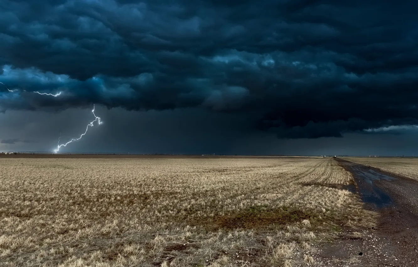 Photo wallpaper road, the storm, field