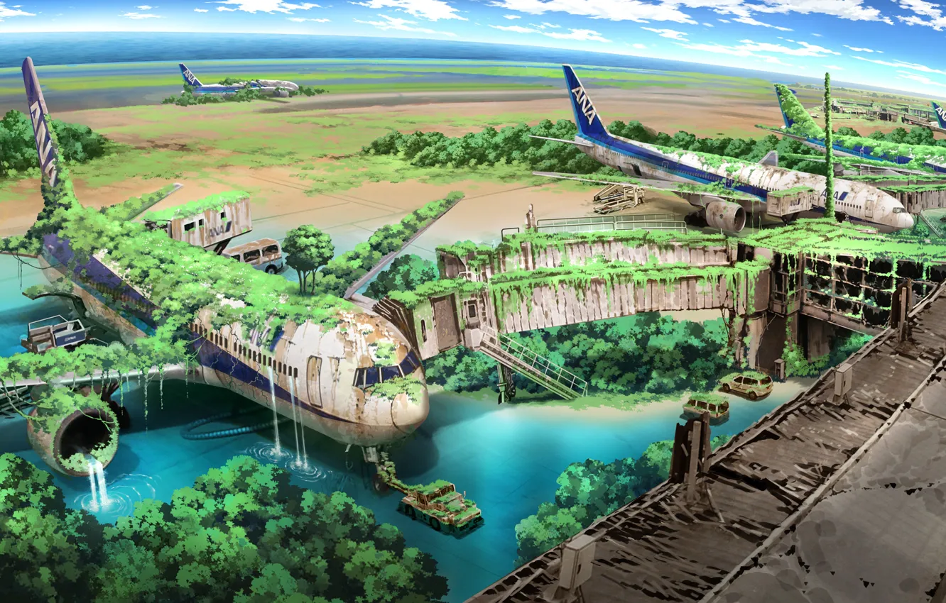 Photo wallpaper grass, landscape, river, thickets, the plane, post-Apocalypse