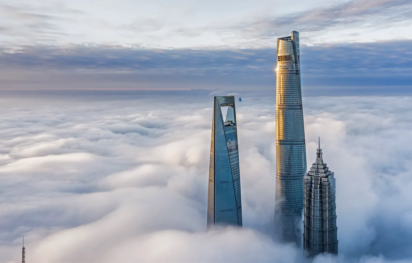 Photo wallpaper clouds, tower, China, Shanghai, skyscrapers
