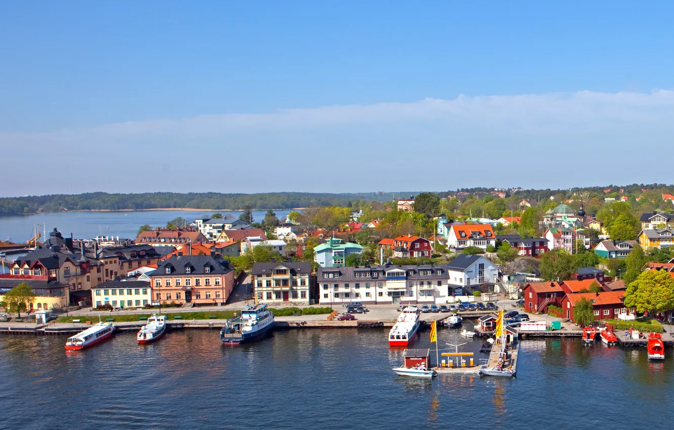 Photo wallpaper the city, coast, pier, pierce, Sweden, Vaxholm