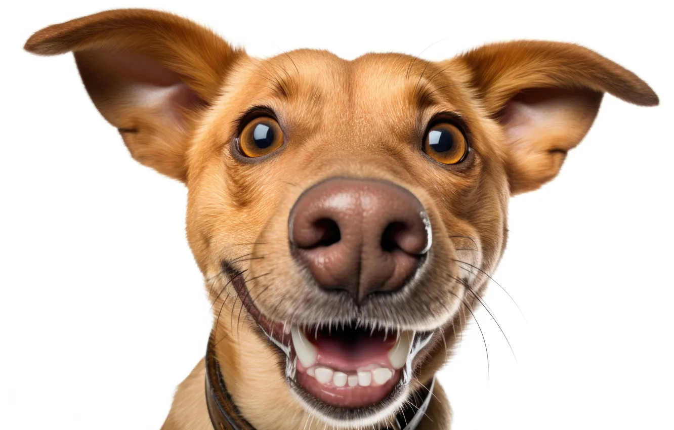 Photo wallpaper look, face, smile, dog, nose, fangs, light background, funny