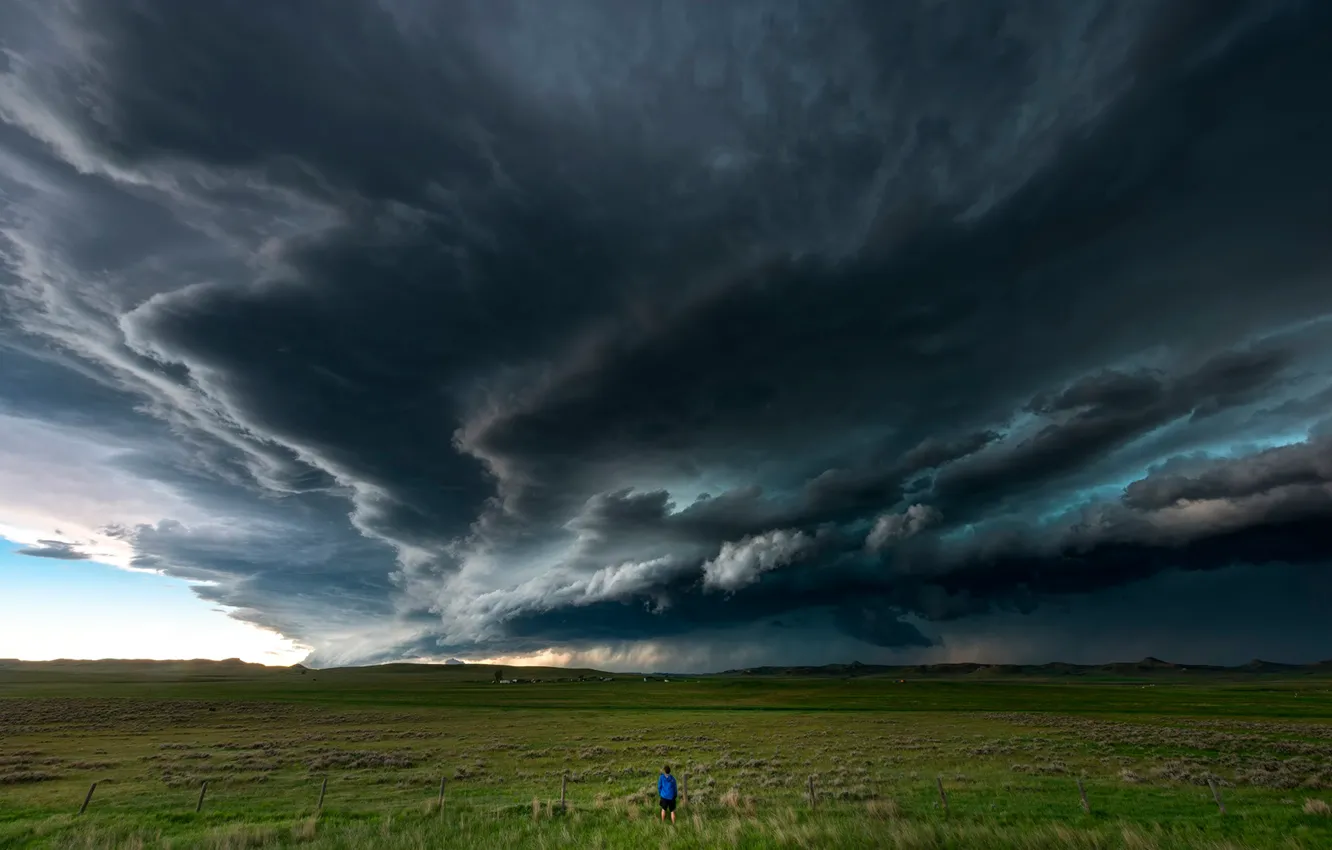 Photo wallpaper field, clouds, storm, element, people