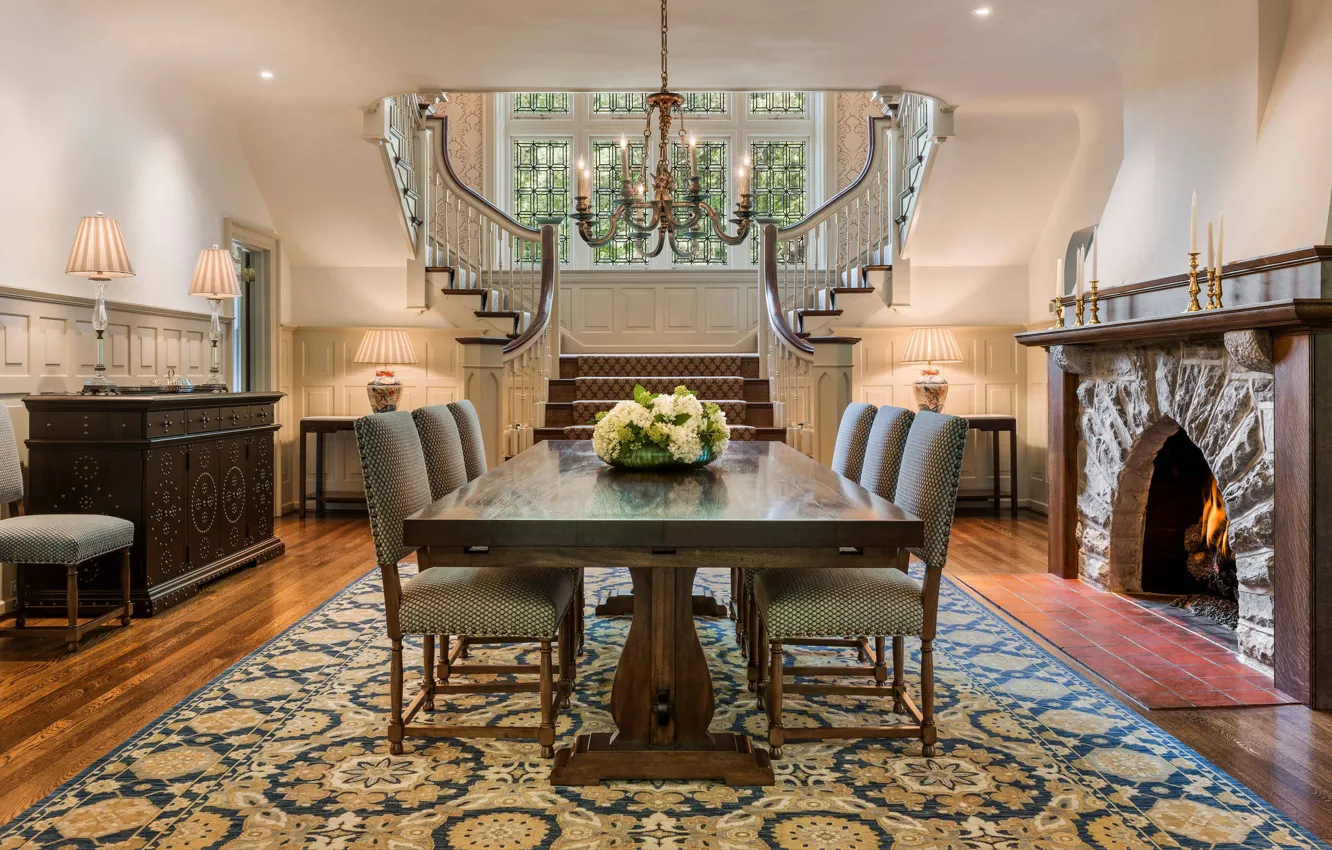 Photo wallpaper design, style, Villa, interior, fireplace, dining room, luxury