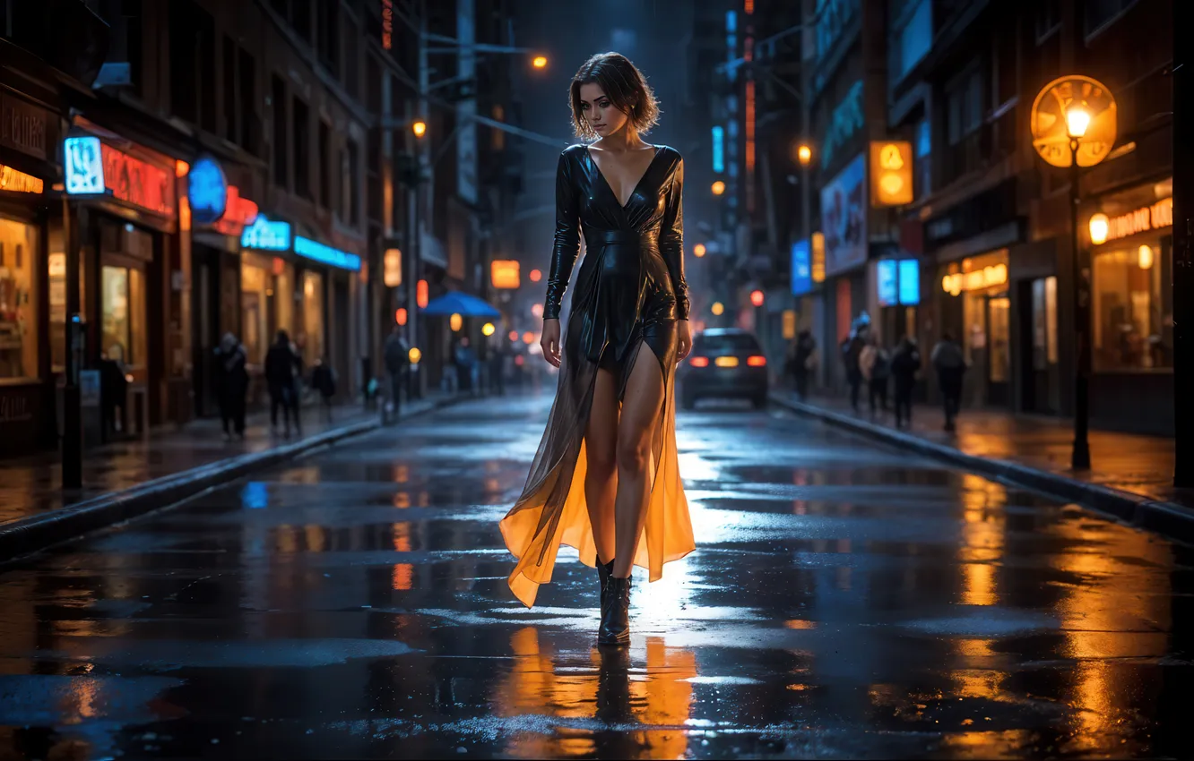Photo wallpaper city, wet, woman, night, street, black dress, walking