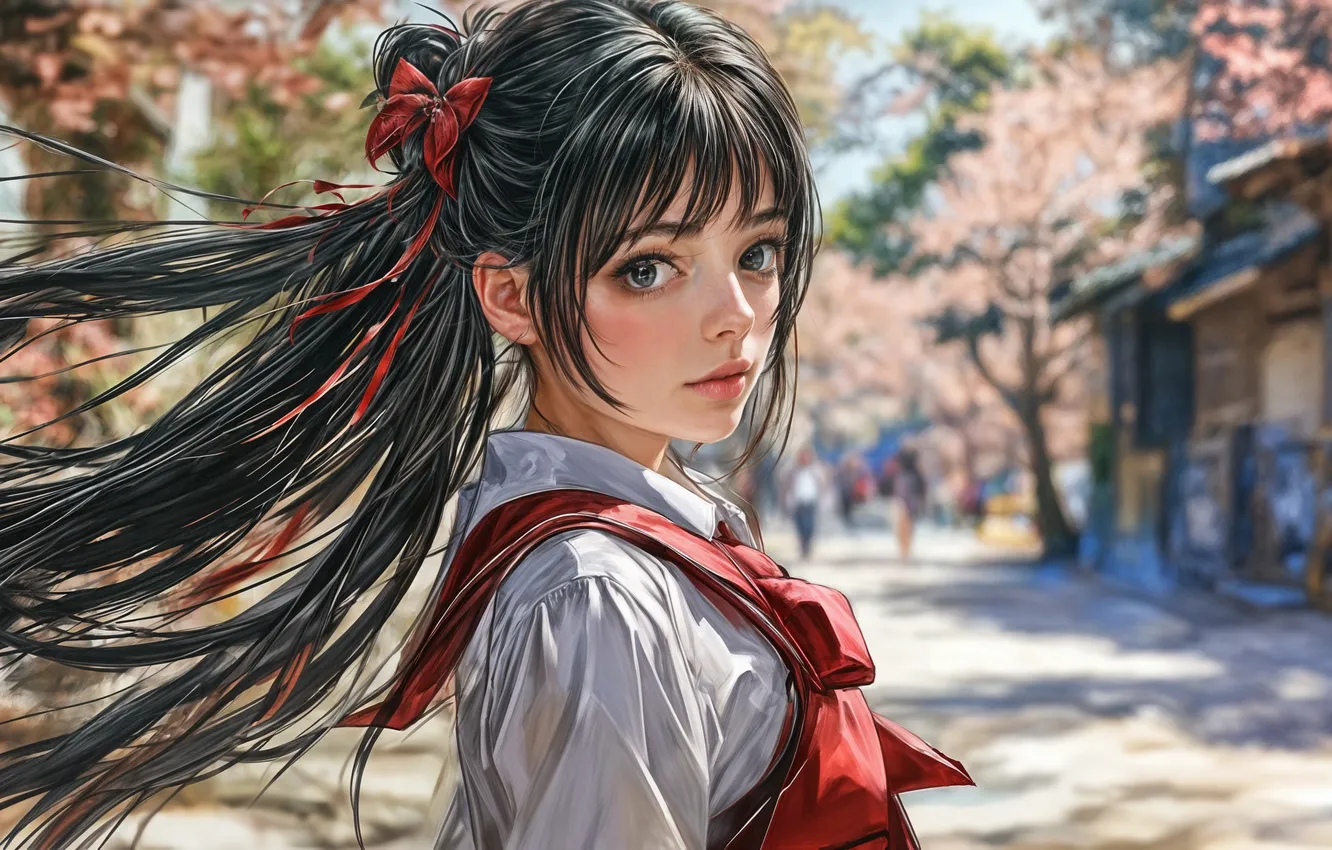 Photo wallpaper look, street, beauty, brunette, digital art, Anime girl, digital art, artificial intelligence