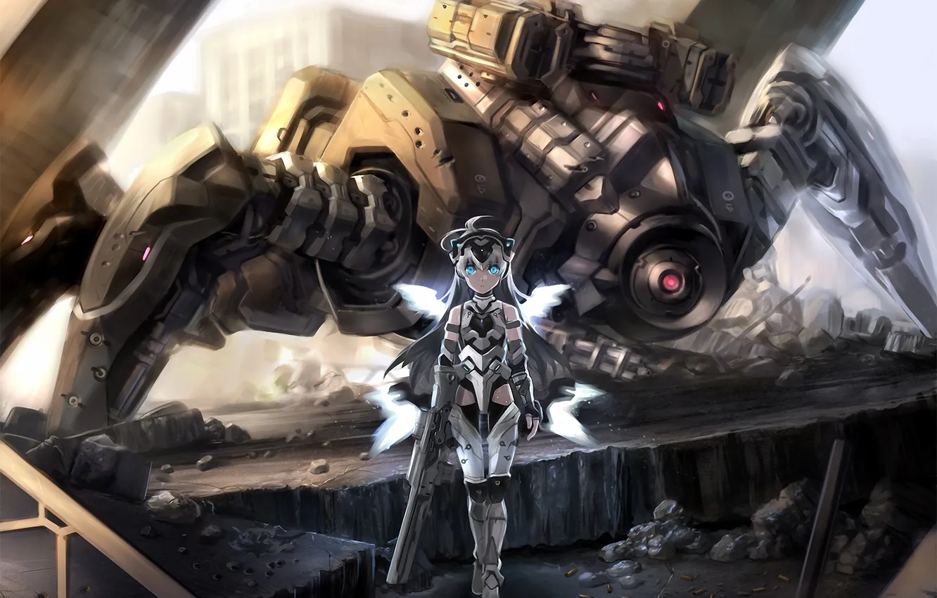 Photo wallpaper the city, weapons, robot, wings, girl, fur
