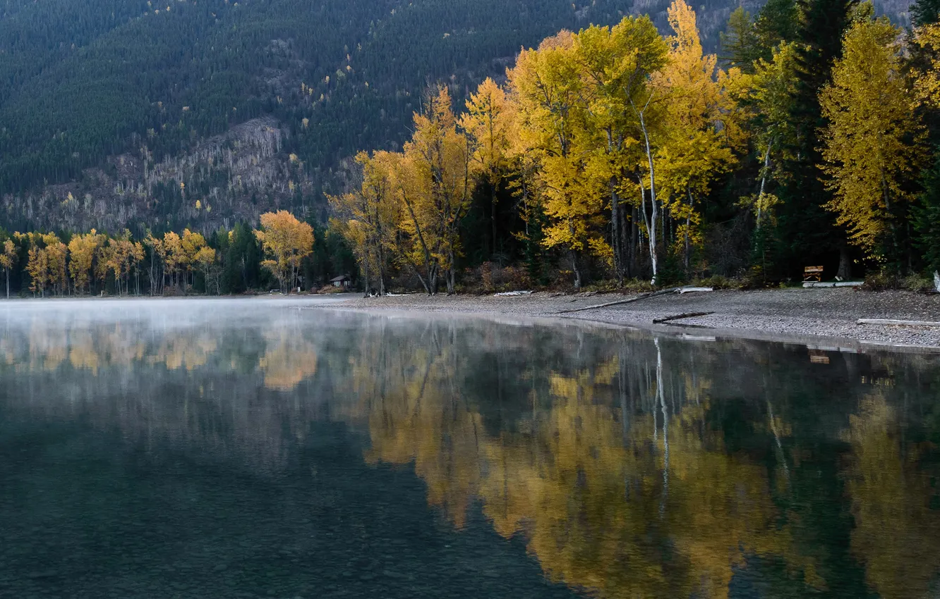 Photo wallpaper autumn, trees, mountains, lake, home, slope