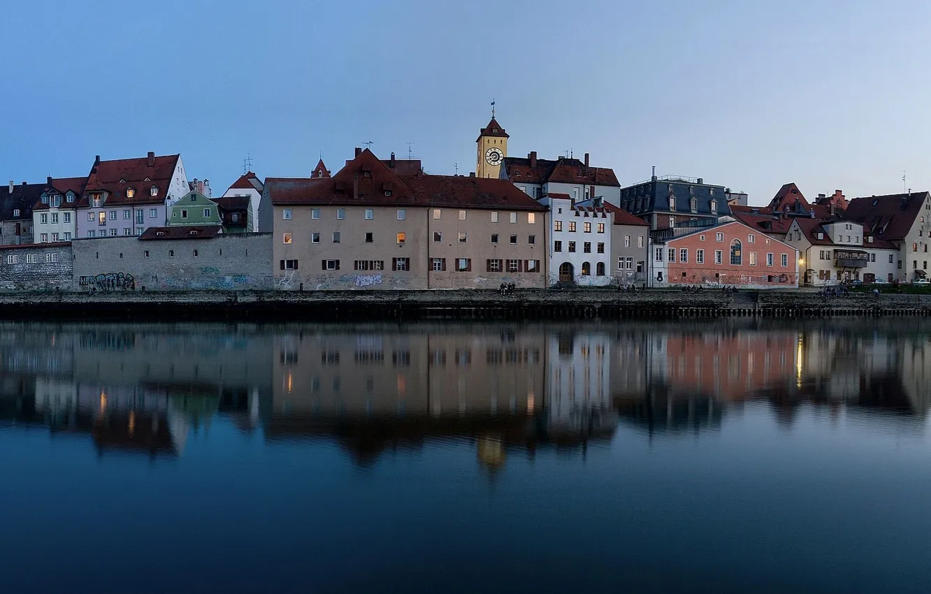 Photo wallpaper the sky, landscape, bridge, reflection, river, home, Germany, Bayern