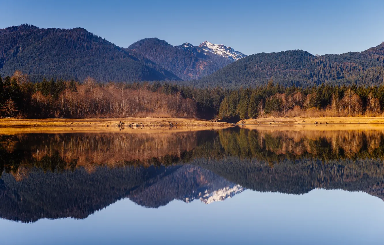 Photo wallpaper the sky, snow, reflection, mirror, Washington, United States, The cascade volcanic arc, Baker Lake
