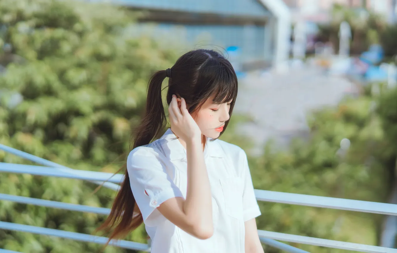 Photo wallpaper trees, woman, beautiful, model, pretty, asian, cute, sunlight