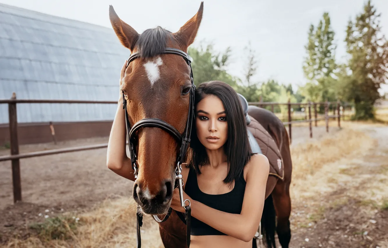 Photo wallpaper girl, horse, horse, makeup, brunette, top, Anatoly Kirpichnikov
