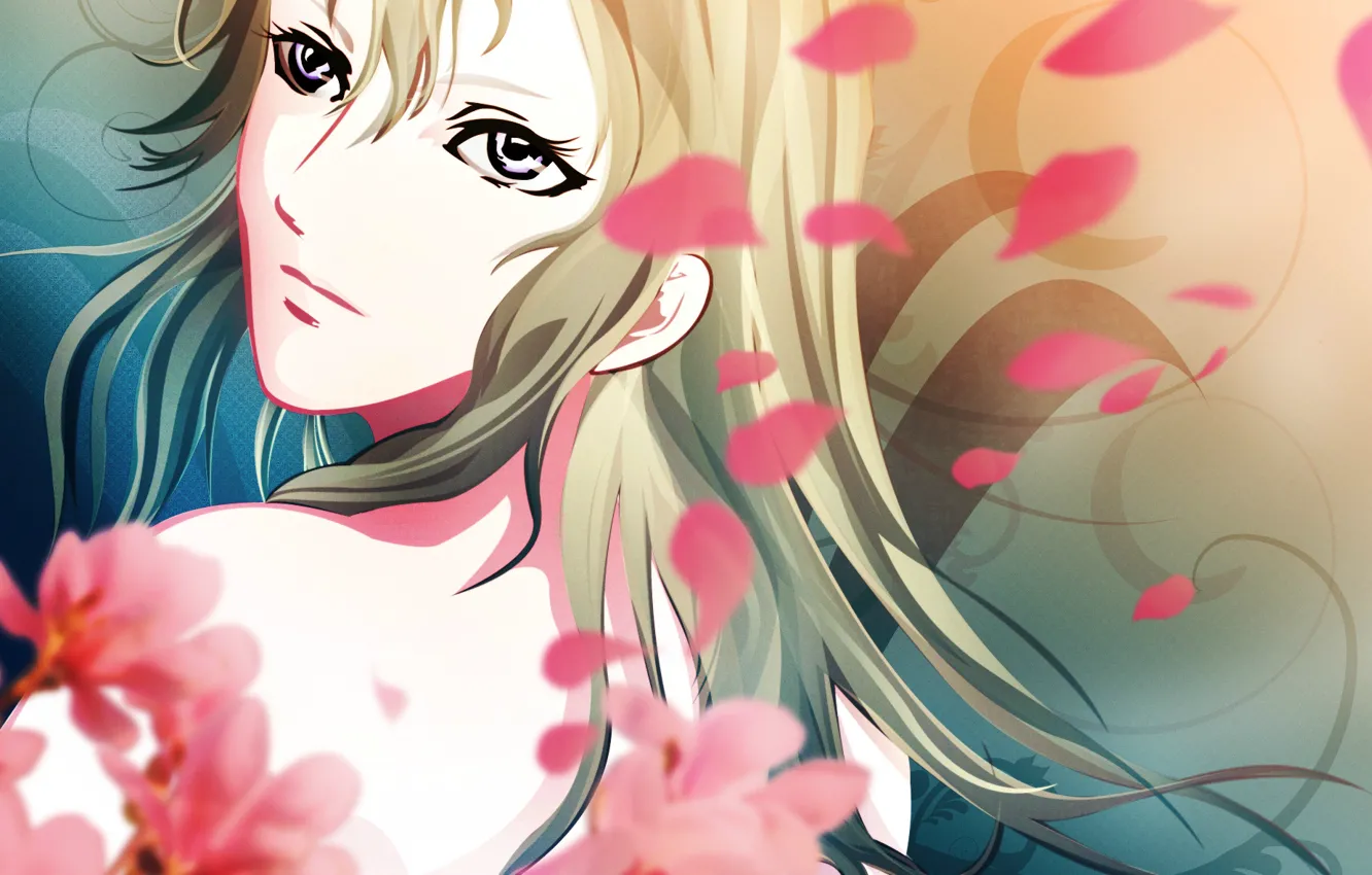 Photo wallpaper face, shoulders, fan art, cherry blossoms, claymore, flora, sideways