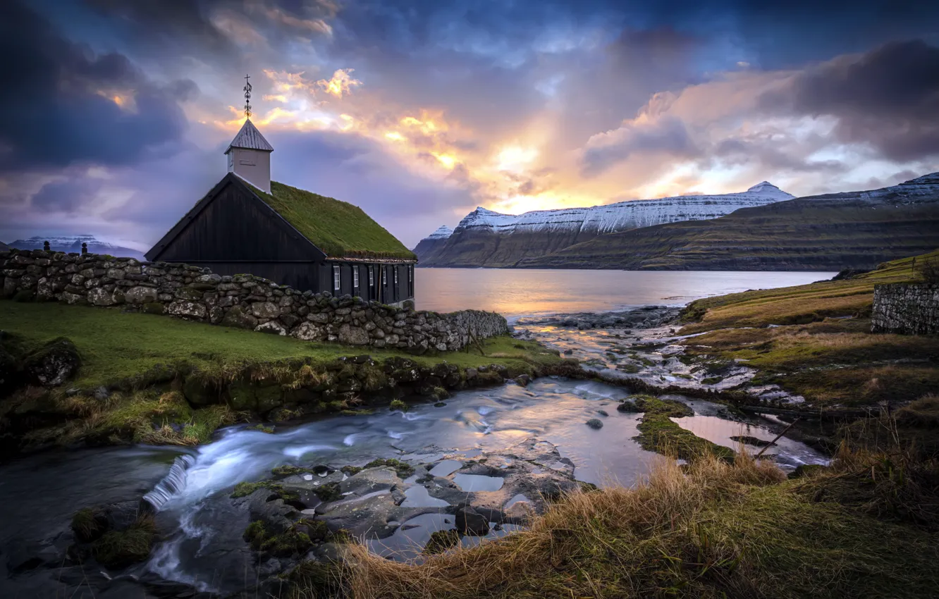 Photo wallpaper Sunrise, Church, Faroe Island