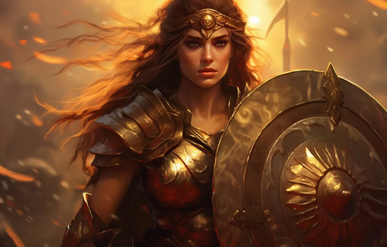 Photo wallpaper look, girl, armor, fantasy, shield, knight, warrior, flowing hair