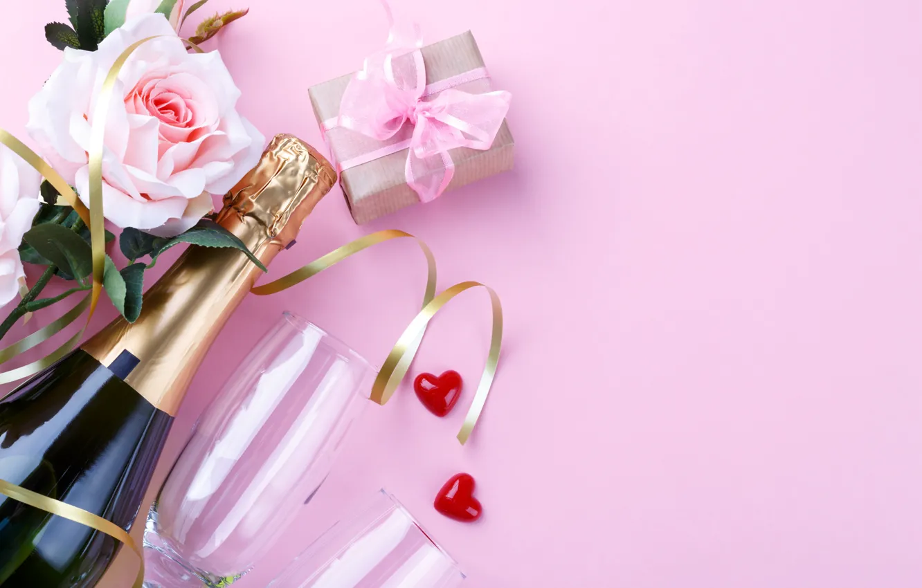 Photo wallpaper gift, roses, champagne