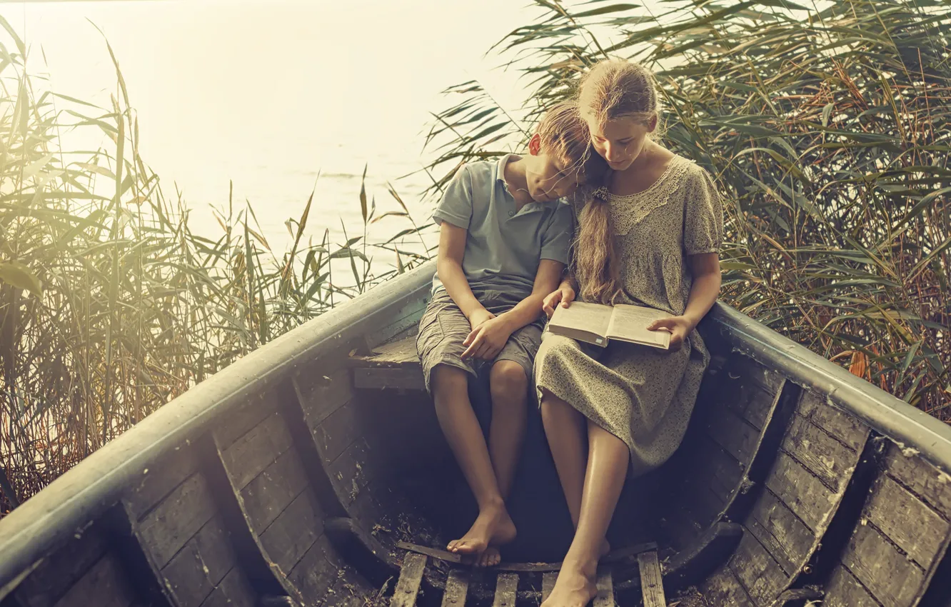 Photo wallpaper boat, boy, girl, book