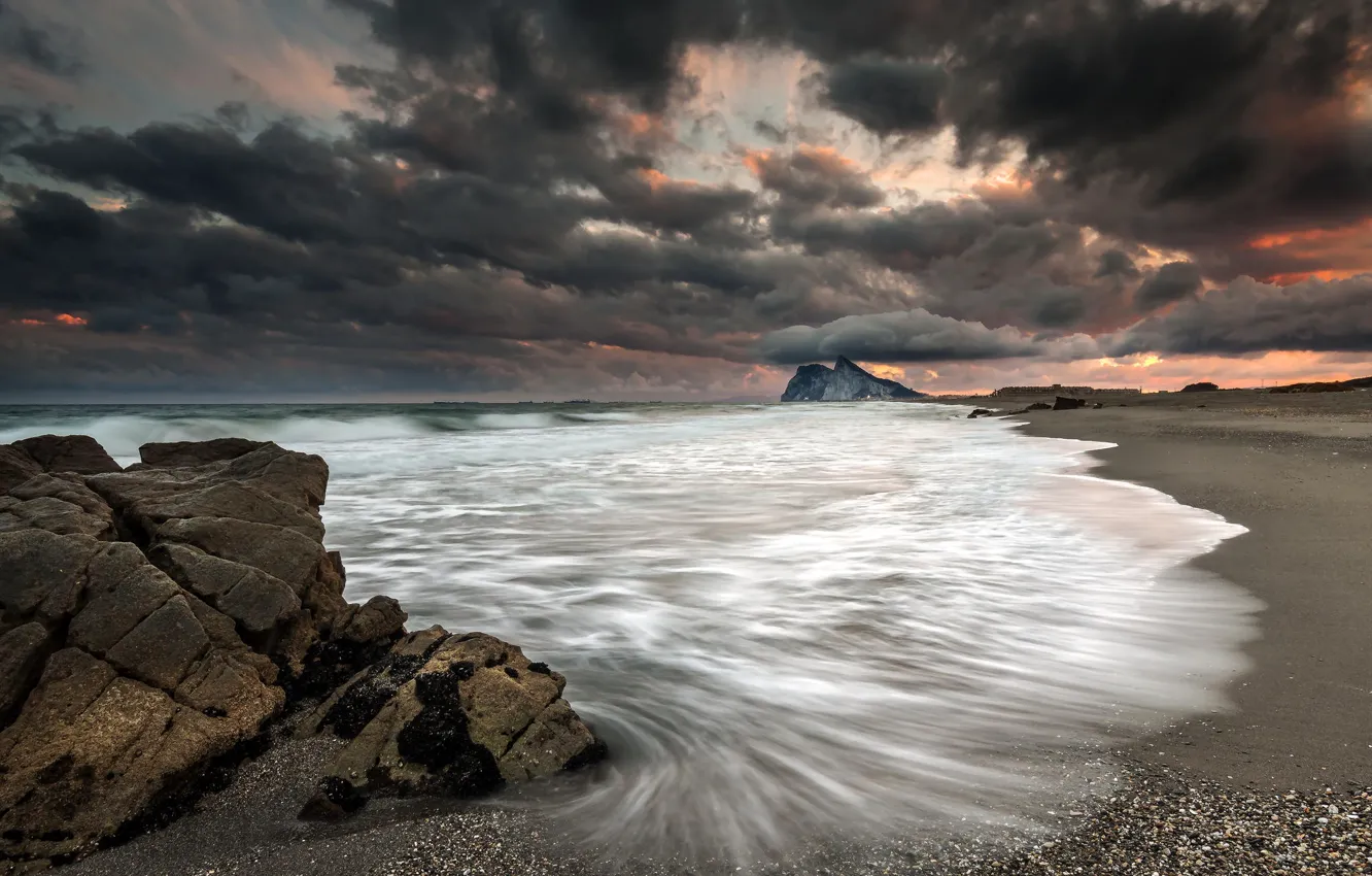 Photo wallpaper sea, beach, sunset, clouds, storm, shore, neo