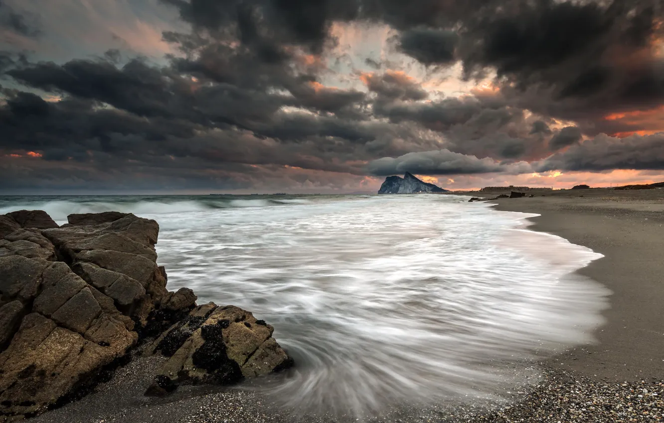 Photo wallpaper sea, beach, sunset, clouds, storm, shore, Neo