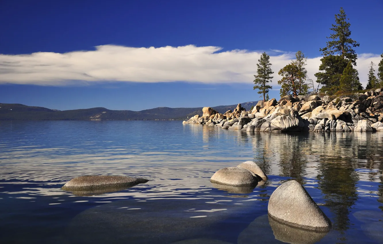 Photo wallpaper the sky, clouds, trees, mountains, lake, stones, horizon, Tahoe