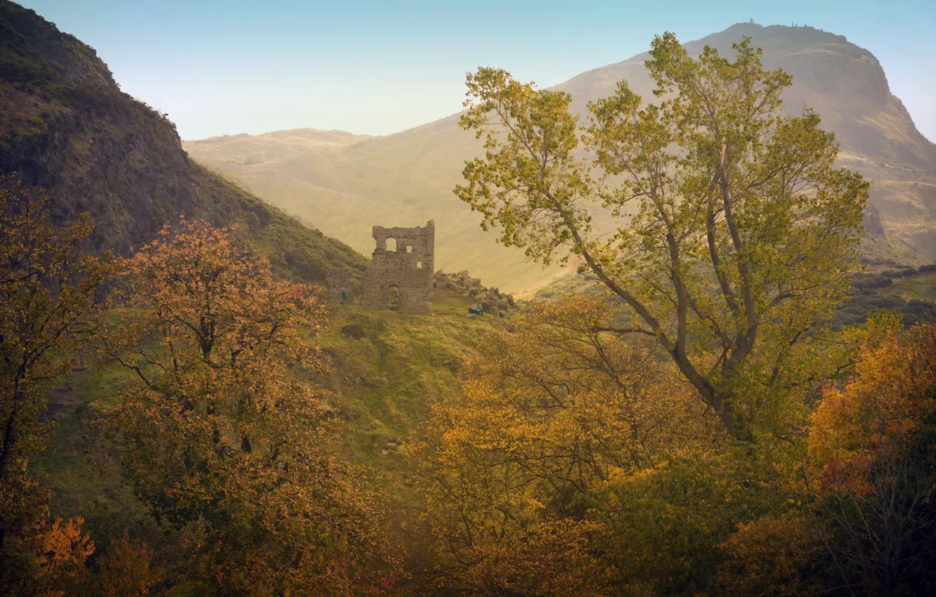 Photo wallpaper mountains, trees, ruins, castle, foliage, autumn