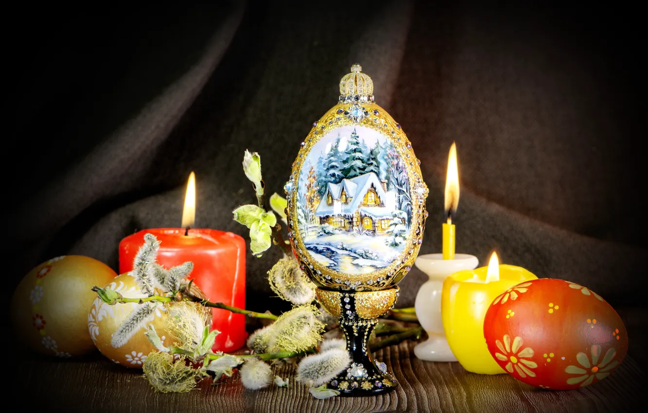 Photo wallpaper winter, forest, snow, table, holiday, eggs, spring, candles