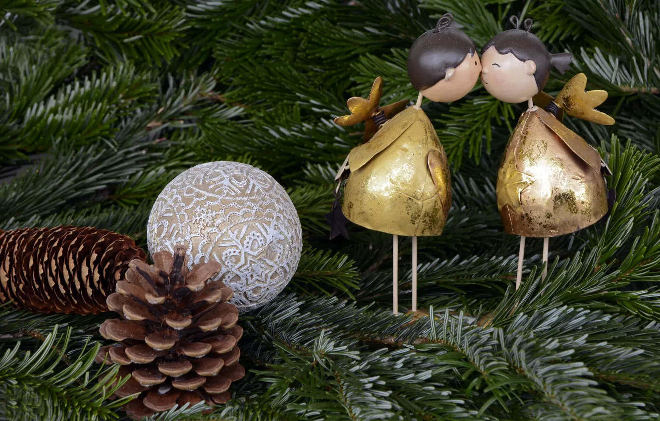 Photo wallpaper holiday, toy, tree, new year, kiss, angel, Christmas, pair