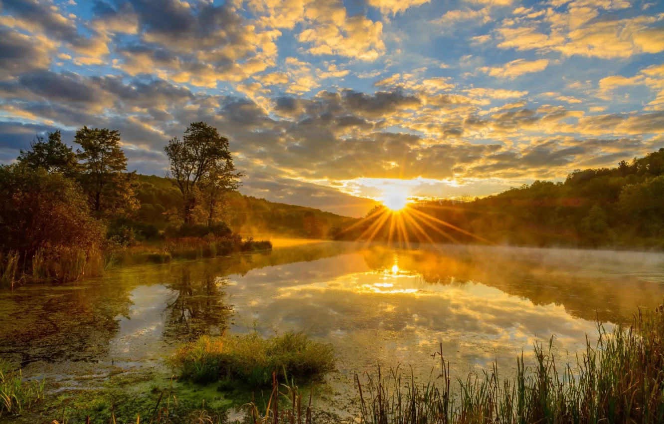 Photo wallpaper nature, lake, sunrise, morning