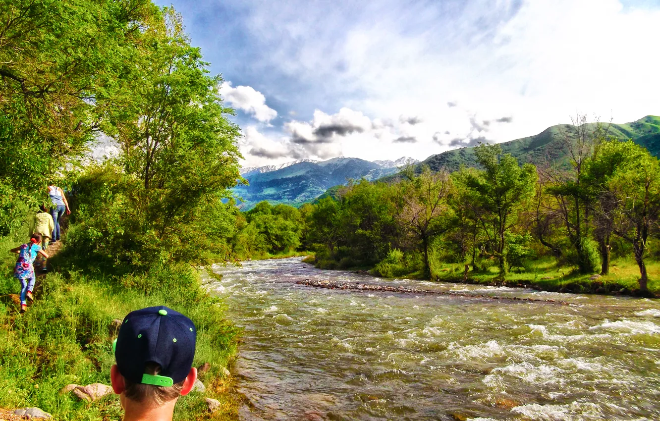 Photo wallpaper greens, the sky, clouds, trees, mountains, cool, beautiful, river