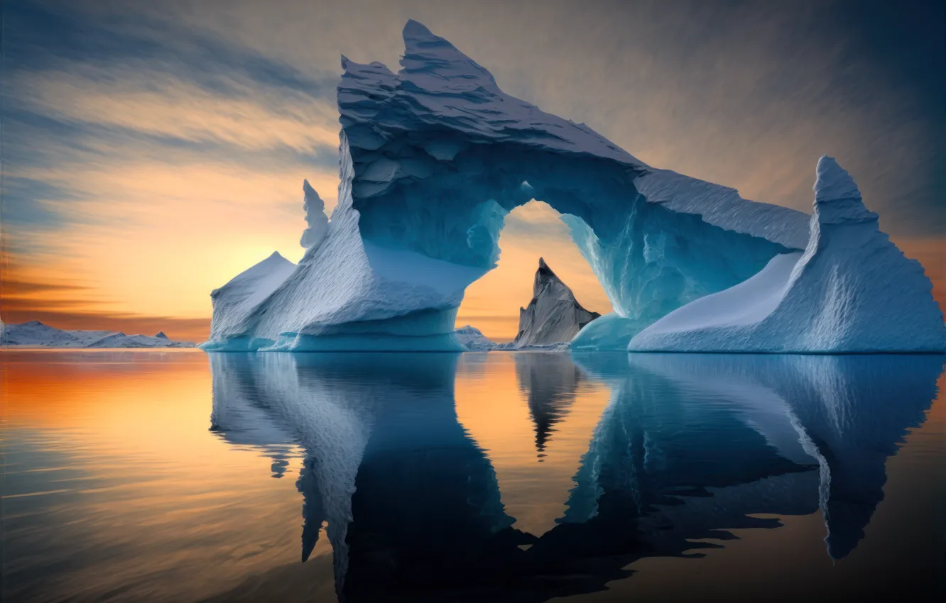 Photo wallpaper ice, the sky, clouds, landscape, nature, reflection, rendering, dawn