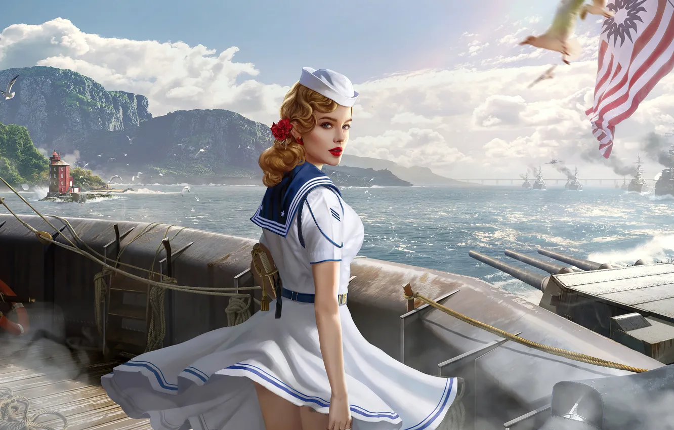 Photo wallpaper sea, look, lighthouse, sailor, world of warships, sailor girl