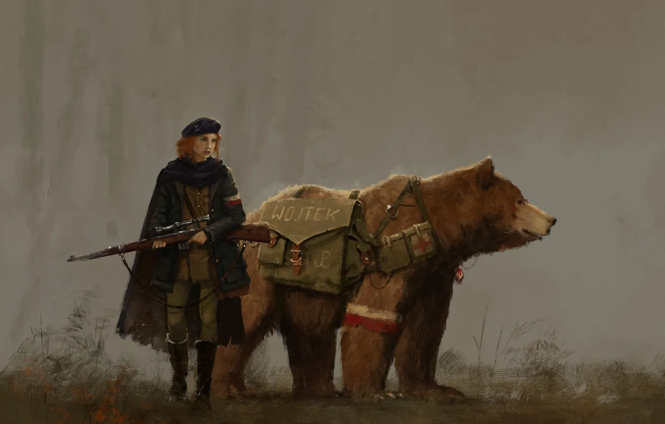 Photo wallpaper gun, game, bear, weapon, woman, cross, uniform, seifuku