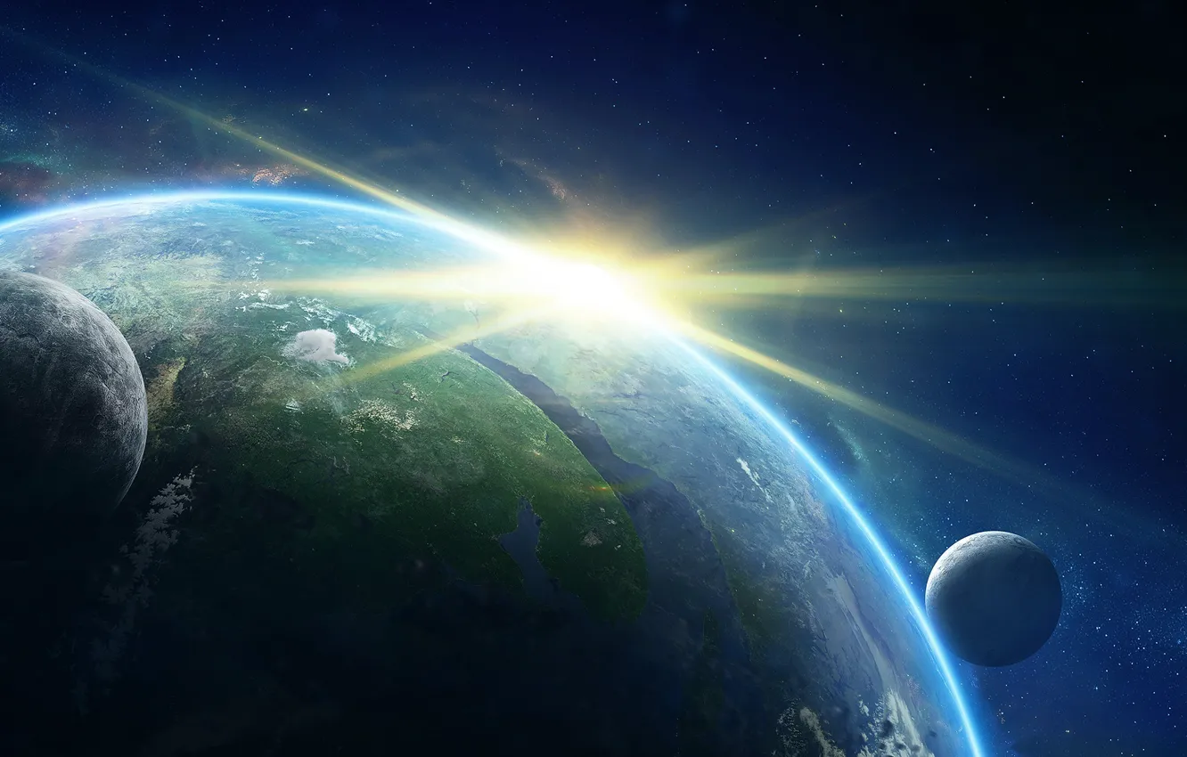 Photo wallpaper the sun, stars, glare, sunrise, the moon, planet, satellite, space