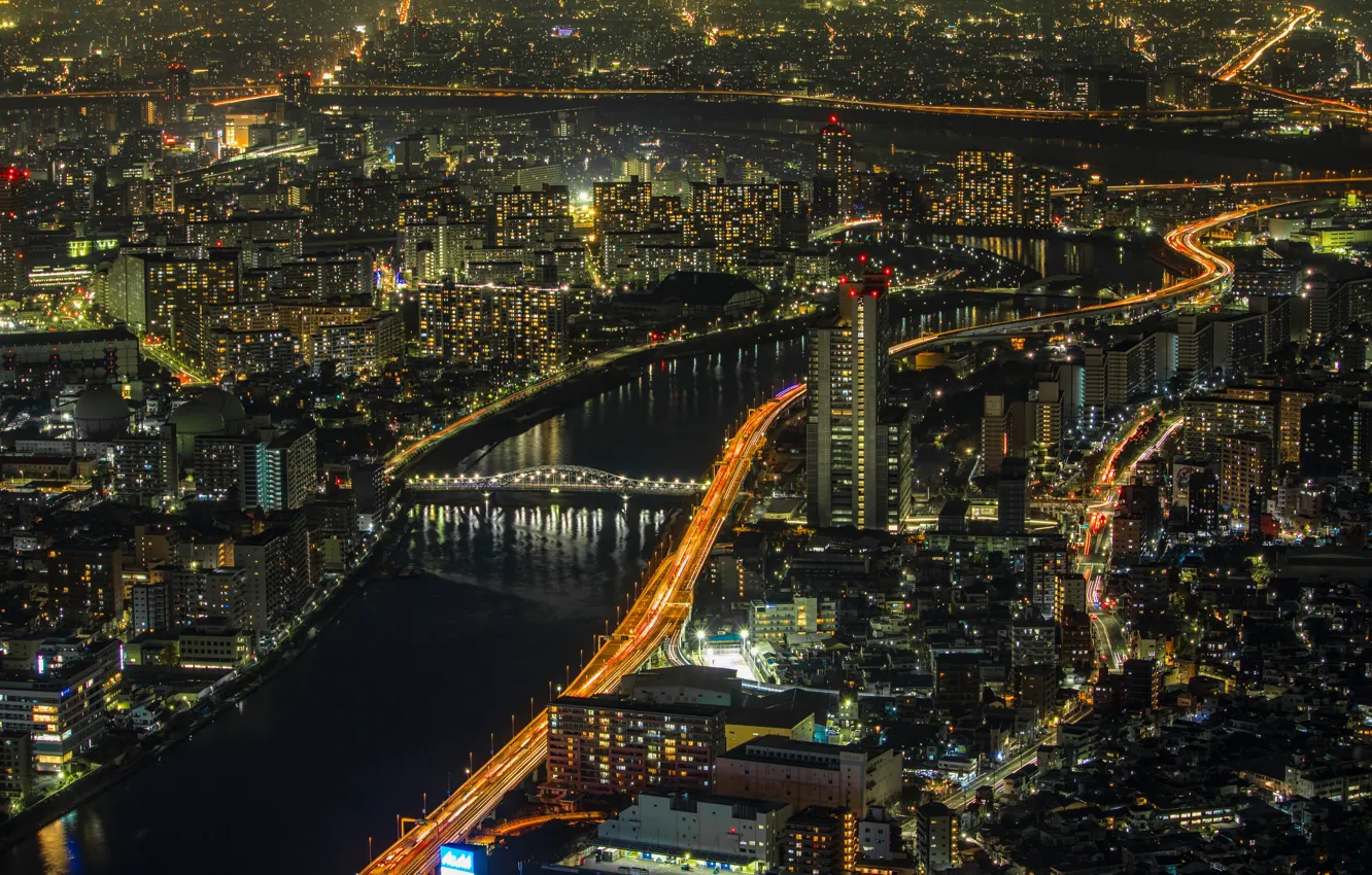 Photo wallpaper lights, home, skyscrapers, panorama, Tokyo, megapolis