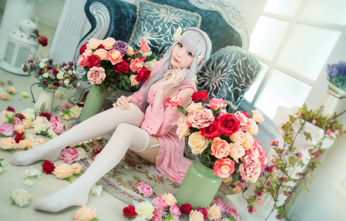 Photo wallpaper look, girl, light, flowers, yellow, red, face, sexy