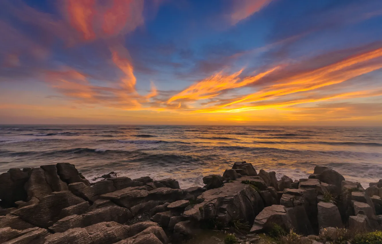 Photo wallpaper sea, wave, beach, summer, the sky, sunset, stones, rocks