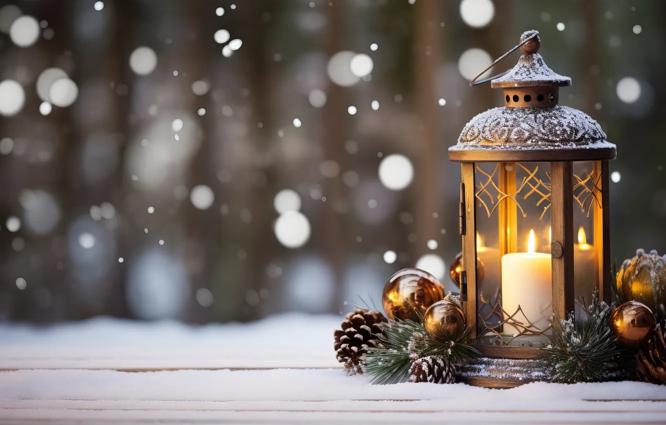 Photo wallpaper winter, snow, night, new year, Christmas, lights, Christmas, night