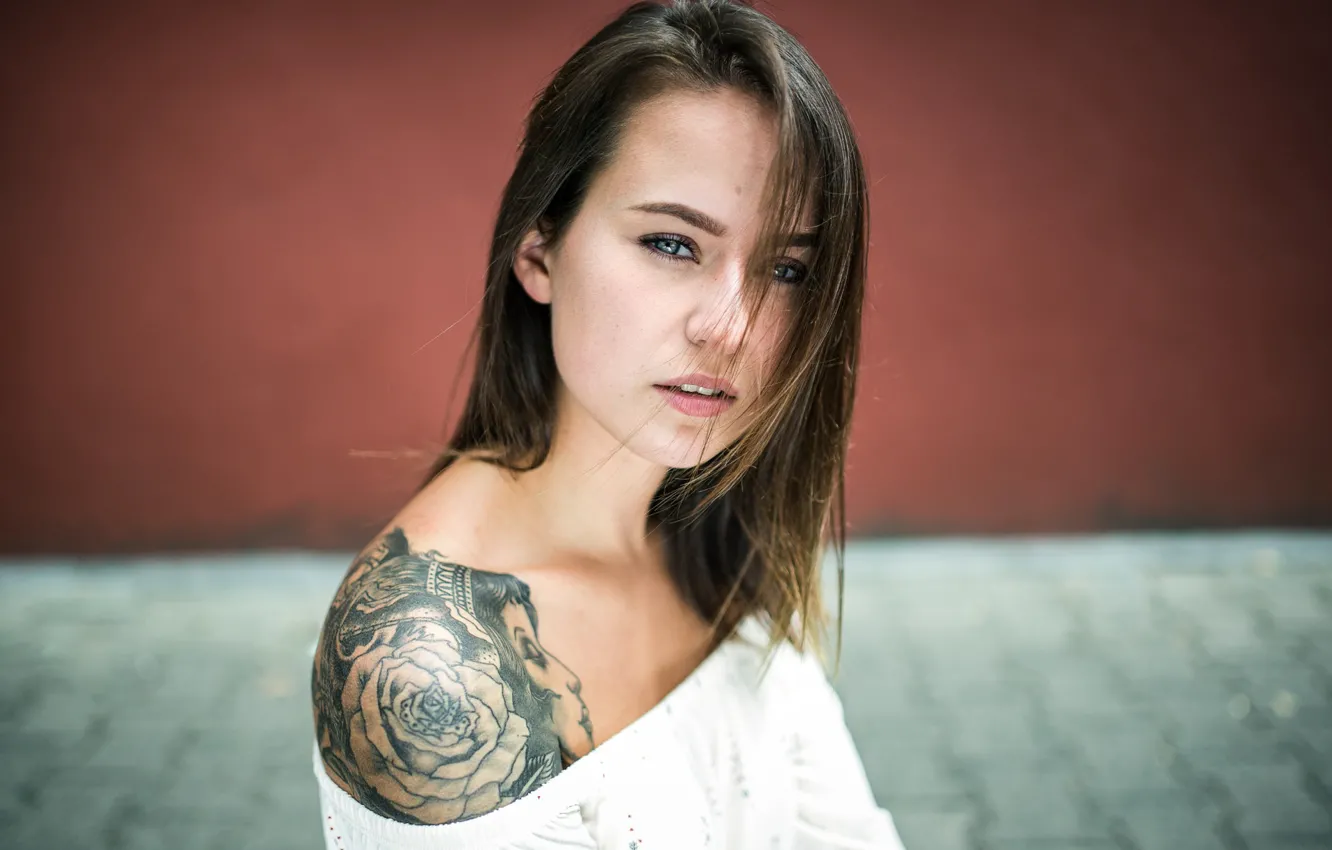 Photo wallpaper look, model, portrait, makeup, tattoo, hairstyle, brown hair, beauty