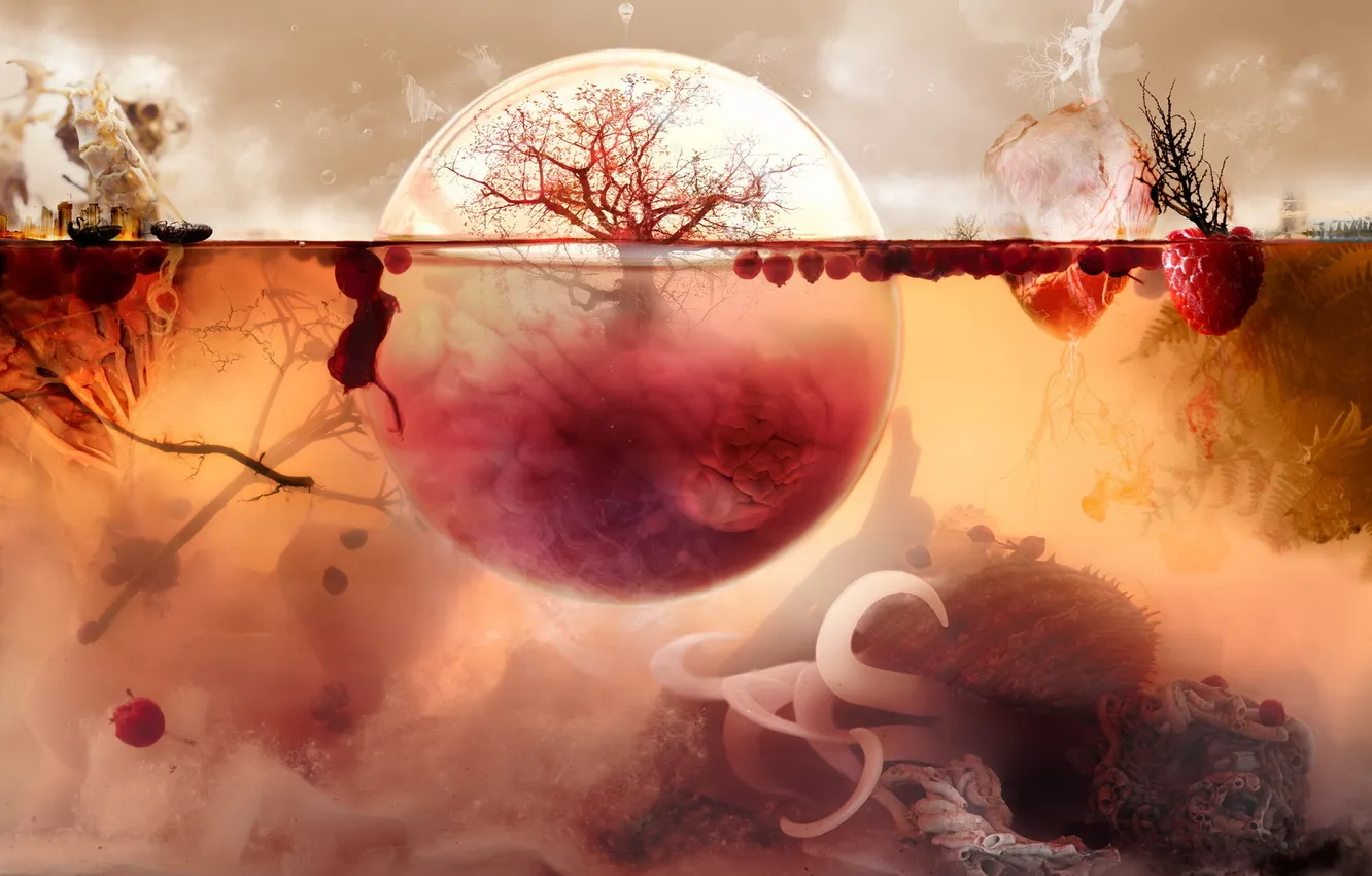 Photo wallpaper pink, bubble, tree, fruits, brain, aquarium